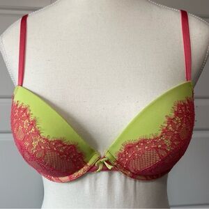 Aerie Lace Trim Push Up Bra Hot Pink‎ & Green Unlined Sexy Lingerie 34C